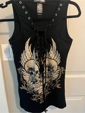 Los Angeles Vibes Lace-Up Skull Tank - Black & Gold